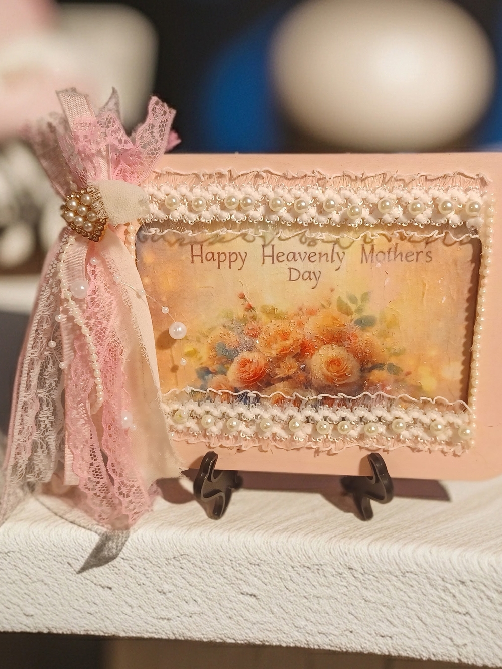 Hand Crafted Pink & Cream "Happy Heavenly Mothers Day" Decorative Plaque